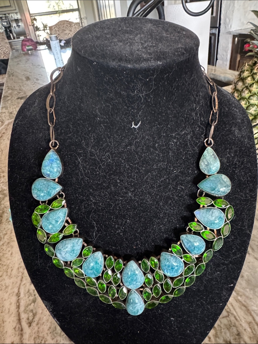 Blue and Green Teardrop Bib Necklace - Women's Fashion Jewelry